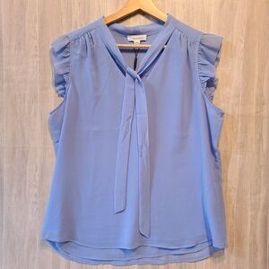 Calvin Klein Blue Tie Collar Blouse M NWT Sleeveless Ruffle Trim Lightweight Top